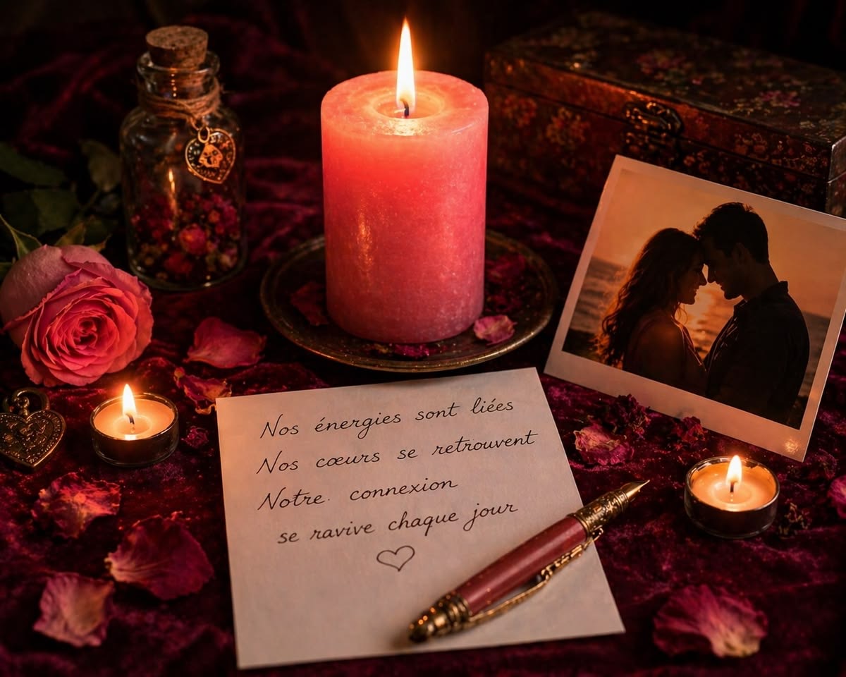 Déroulement du rituel d’amour avec bougies, fleurs et symboles spirituels selon les conseils de Maître Akewon
